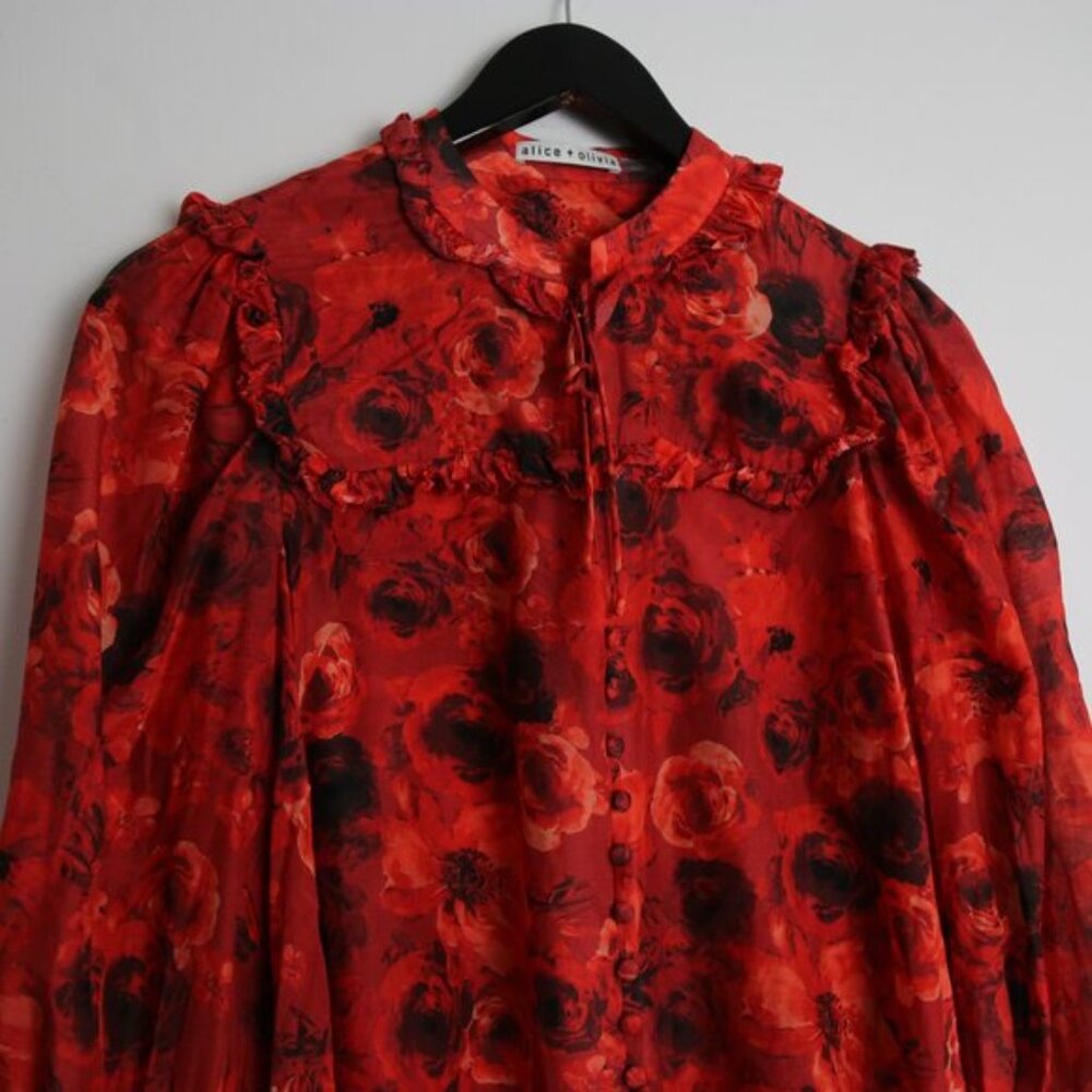 Alice + Olivia Bette Silk Cotton Ruffle Tie Blouse Floral Red Size Medium - Picture 3 of 8